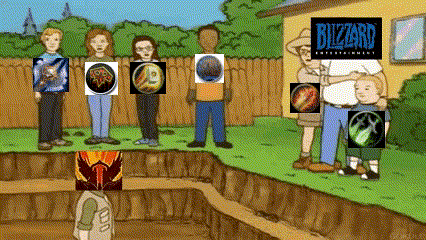 a group of people are standing in front of a house with a blizzard logo on it