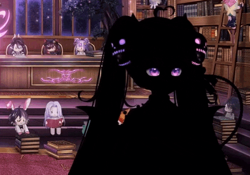 a girl with purple eyes is standing in front of a stack of books in a library