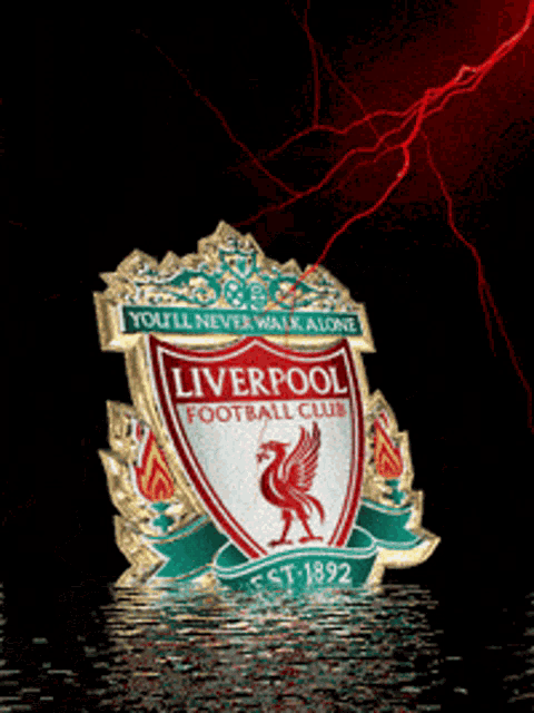 a logo for the liverpool football club with a red lightning background