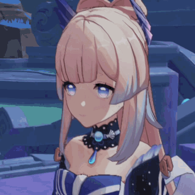 a girl with pink hair and blue eyes wears a choker