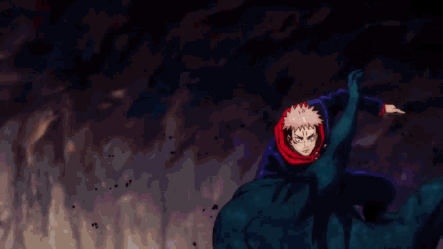 a man with pink hair is flying through the air in a dark cave .