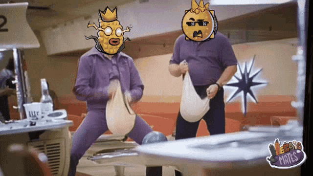 two men are playing bowling with a sticker that says metal mates