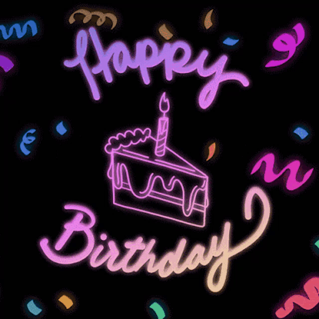 a neon sign that says happy birthday with a slice of cake and a lit candle
