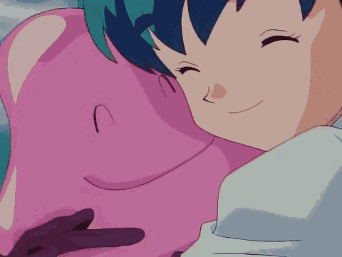 a girl and a pink monster are hugging each other in a cartoon .