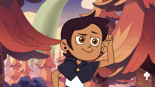 a cartoon of a girl flexing her muscles with a bird in the background