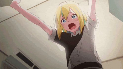 a girl with blonde hair and blue eyes is screaming with her arms outstretched