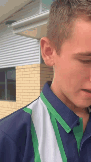 a young man wearing a blue and green polo shirt