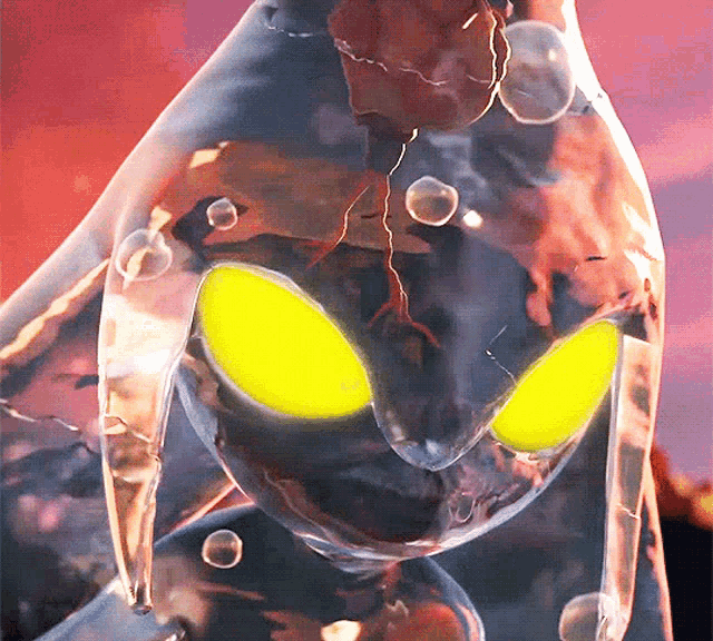a cartoon character with yellow eyes and bubbles surrounding it