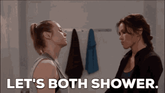 two women standing next to each other with the words let 's both shower written on the bottom