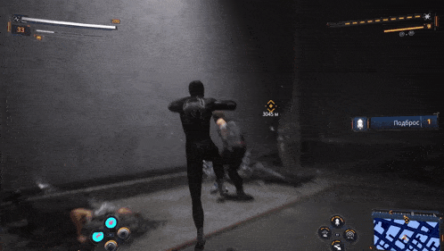 a screenshot of a video game shows a man in a black suit jumping in the air