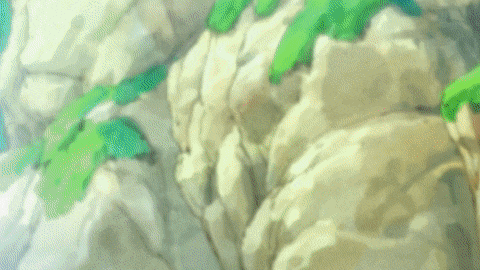 a close up of a painting of a mountain with a few trees in the background