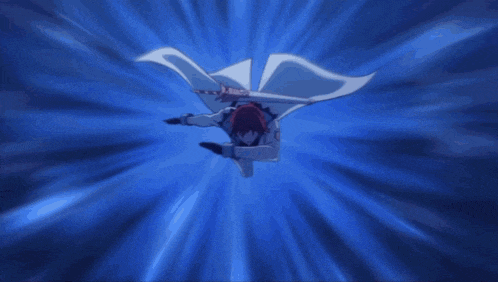 a person flying through the air with a sword