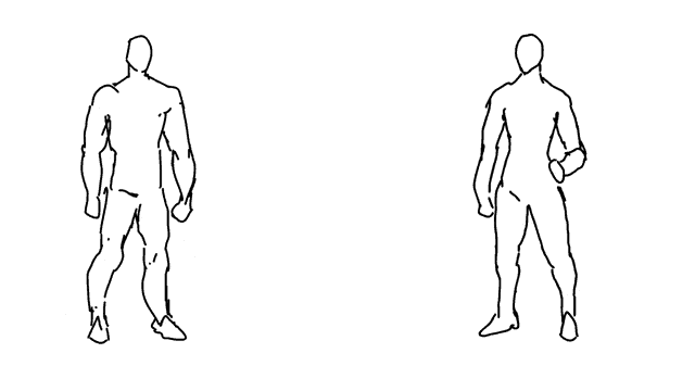 a black and white drawing of a man and a drawing of a letter k