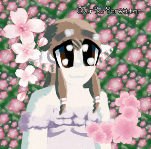 a drawing of a girl surrounded by pink flowers with the creator 's name at the top