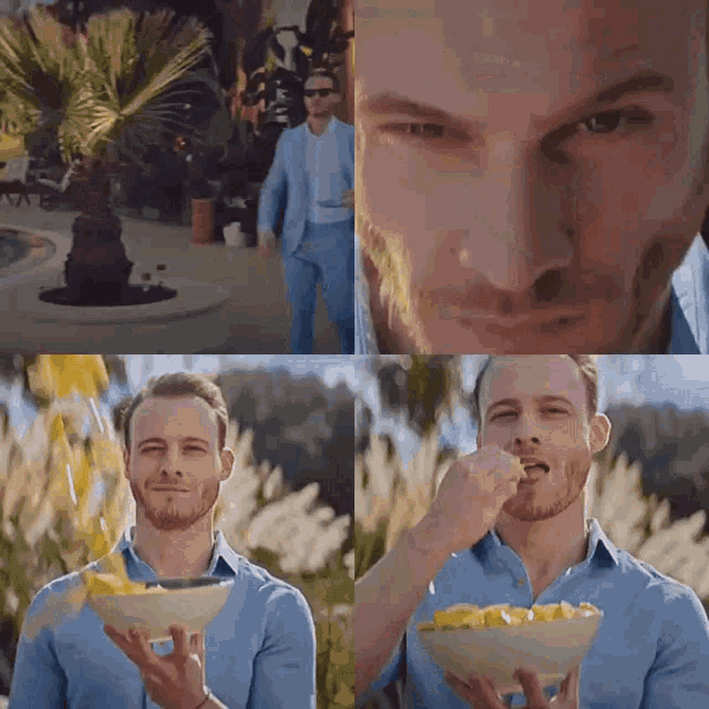 a man with a beard is holding a bowl of chips