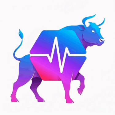 a blue and purple bull with a heartbeat line coming out of its mouth