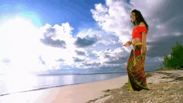 a woman in a red top and a colorful skirt is walking on a beach