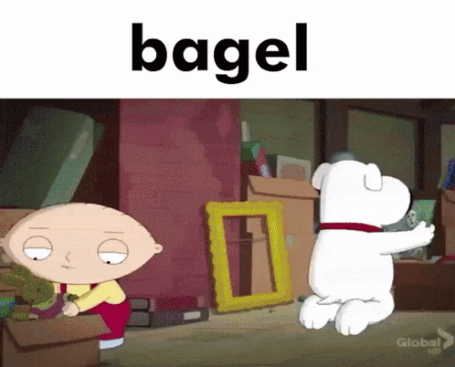 a cartoon of a boy and a dog with the word bagel on the top