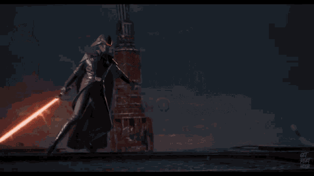 a video game character is holding a lightsaber in his hand