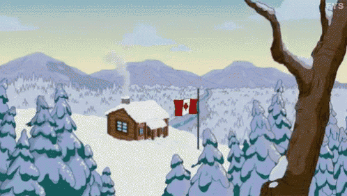 a cartoon scene of a cabin in the snow with a canadian flag in the foreground