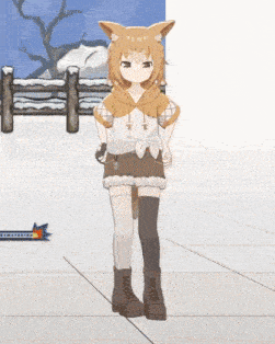 a girl with a cat ear is standing on a tiled floor