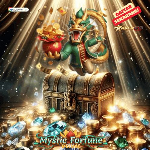 an advertisement for mystic fortune shows a dragon holding a purse of money