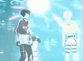two anime characters are standing next to each other on a stage in a blurry photo .