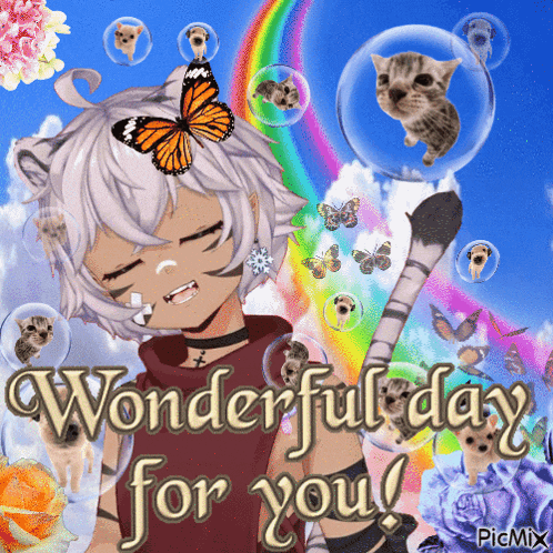 a wonderful day for you greeting card with a cat and a butterfly