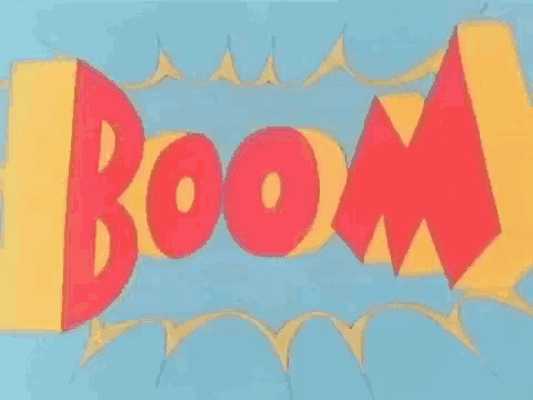 a blue background with a red and yellow sign that says boom