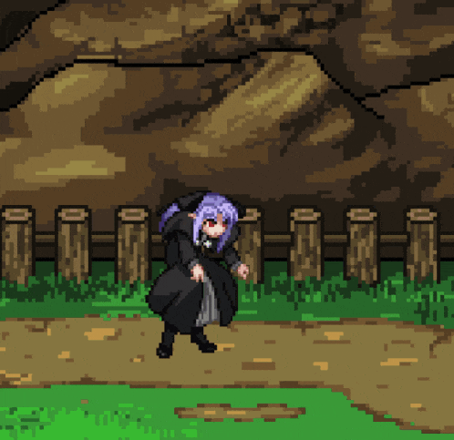a pixel art of a girl with purple hair and a black dress