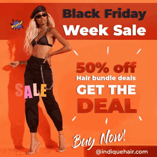 a woman is standing in front of an orange background that says black friday week sale 50 % off hair bundle deals get the deal