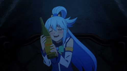 a girl with blue hair is holding a bottle of wine and smiling
