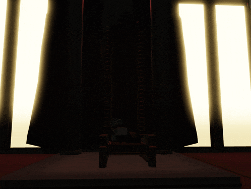 a chair in a dark room with a light shining through the pillars
