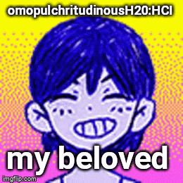 a cartoon character with blue hair is smiling and says my beloved .