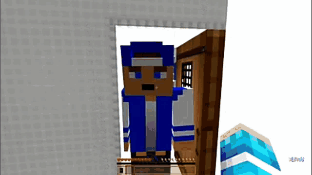 a man in a blue jacket is standing in a doorway in a minecraft video game
