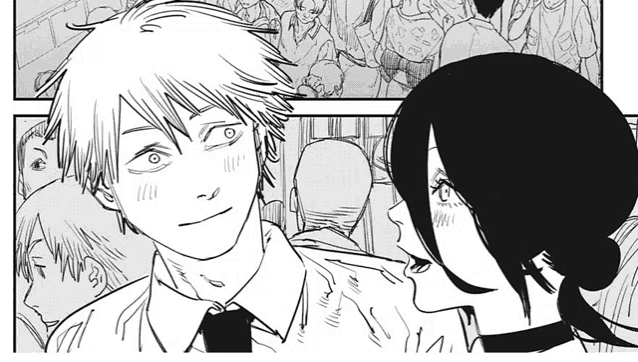 a black and white drawing of a man and a woman looking at each other in front of a crowd .