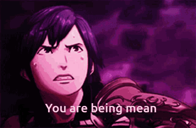 a cartoon character with a purple background and the words " you are being mean "