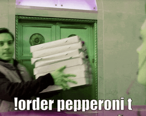a man is carrying a stack of pizza boxes with the words order pepperoni t below him