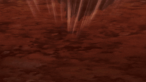 a painting of a sunset with a lot of rocks falling from the sky