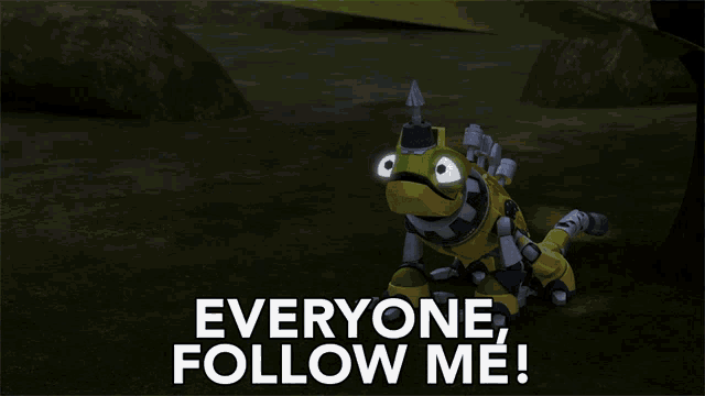 a cartoon character says " everyone follow me " in front of a field
