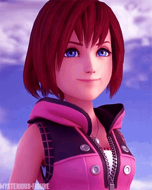 a close up of a cartoon character with red hair and blue eyes