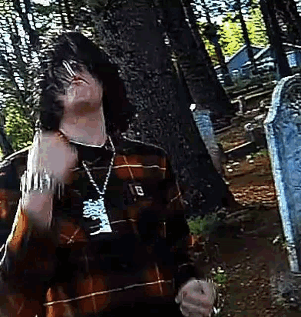 a man in a plaid shirt is standing in a cemetery in front of a grave .