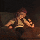 a cartoon character is sitting on a couch in a dark room with a fire in the background .