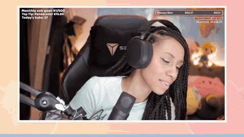 a woman wearing headphones is on a twitch channel