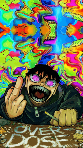 a psychedelic drawing of a man giving the middle finger and the word peace written on the ground