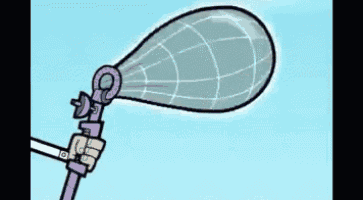 a cartoon man is blowing a soap bubble with a purple stick .