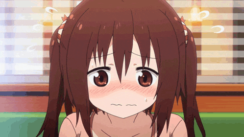 a close up of a brown haired anime girl making a silly face