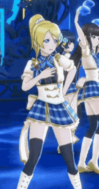 a girl in a plaid skirt is standing in front of a group of other girls