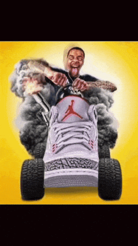 a man is riding on the back of a shoe with a smoke coming out of it