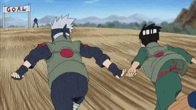 a couple of cartoon characters are running in a field holding hands .